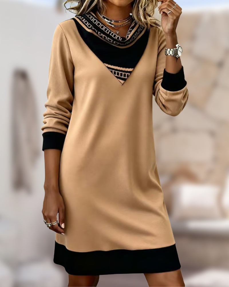 Cowl Neck Color-Block Patchwork Dress