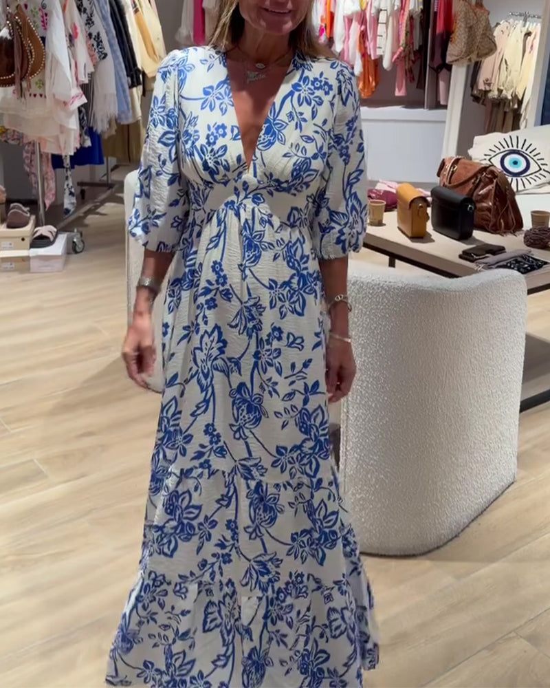 Deep V-Neck Elegant Floral Long Dress
