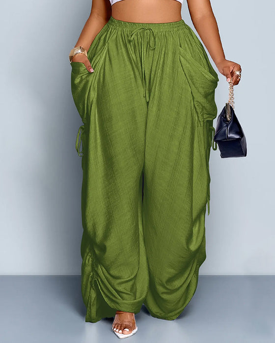 Solid Color Pleated High-Waist Wide-Leg Pants