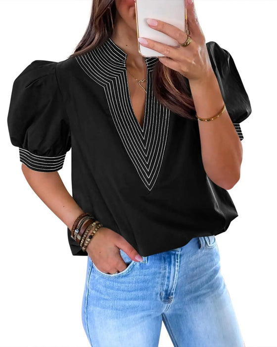 V-Neck Bubble Sleeve Striped Blouse