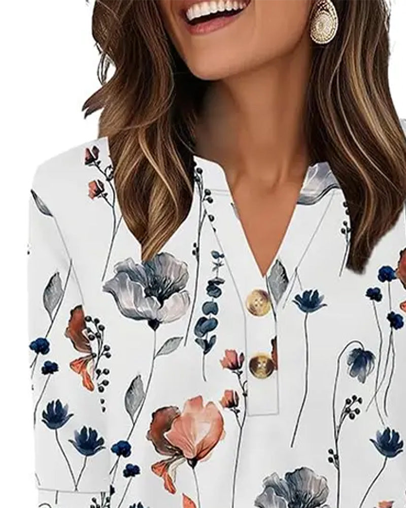 V-Neck Buttoned Three-Quarter Sleeve Blouse