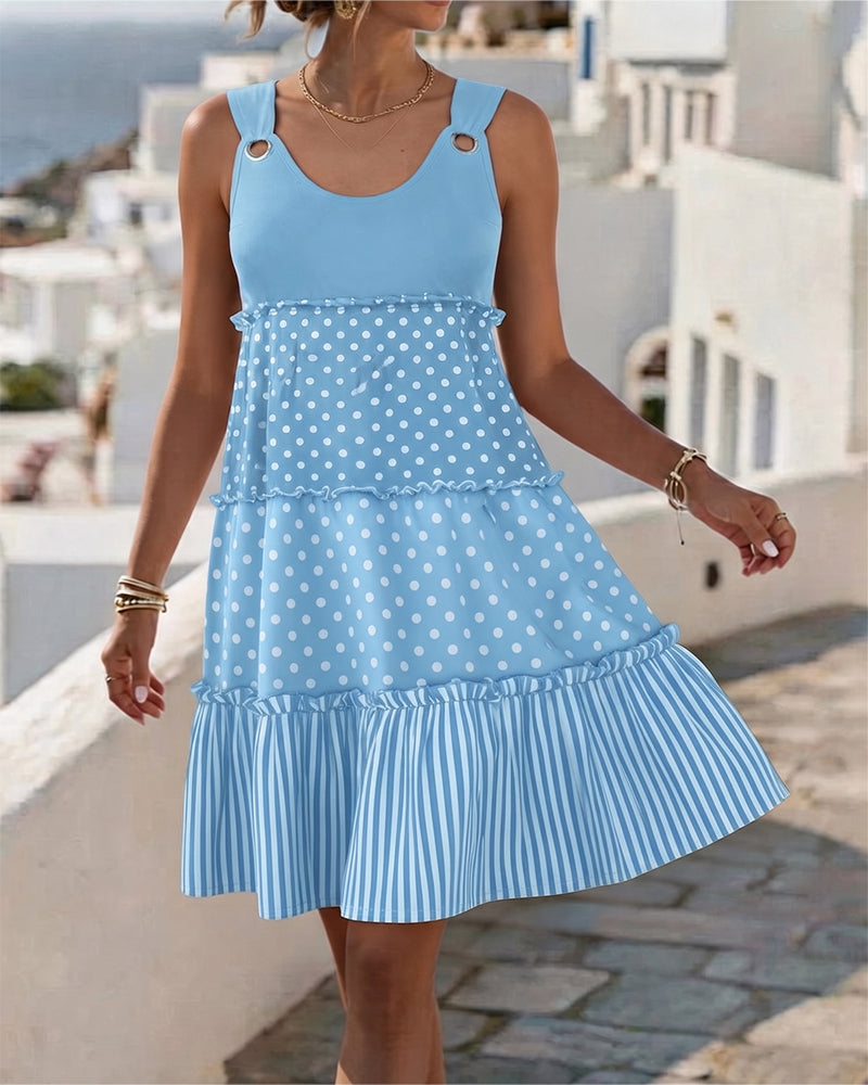 Polka Dot Stripe Tiered Spaghetti Dress