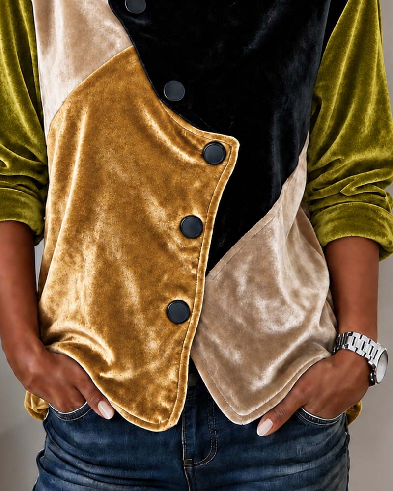 Color Block Velvet Bias-Button Coat