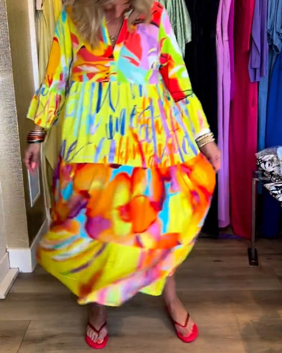 Flared Sleeve Printed Dress