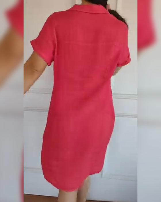 Button-Down Collar Short-Sleeved Solid Color Dress