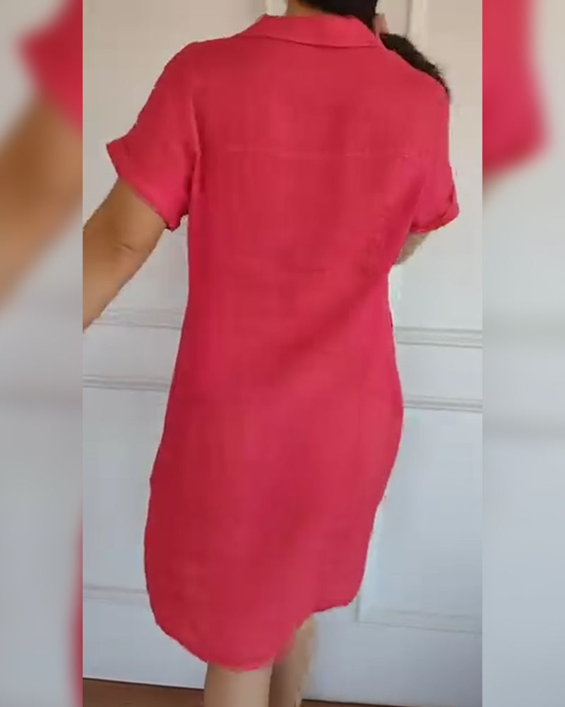 Button-Down Collar Short-Sleeved Solid Color Dress