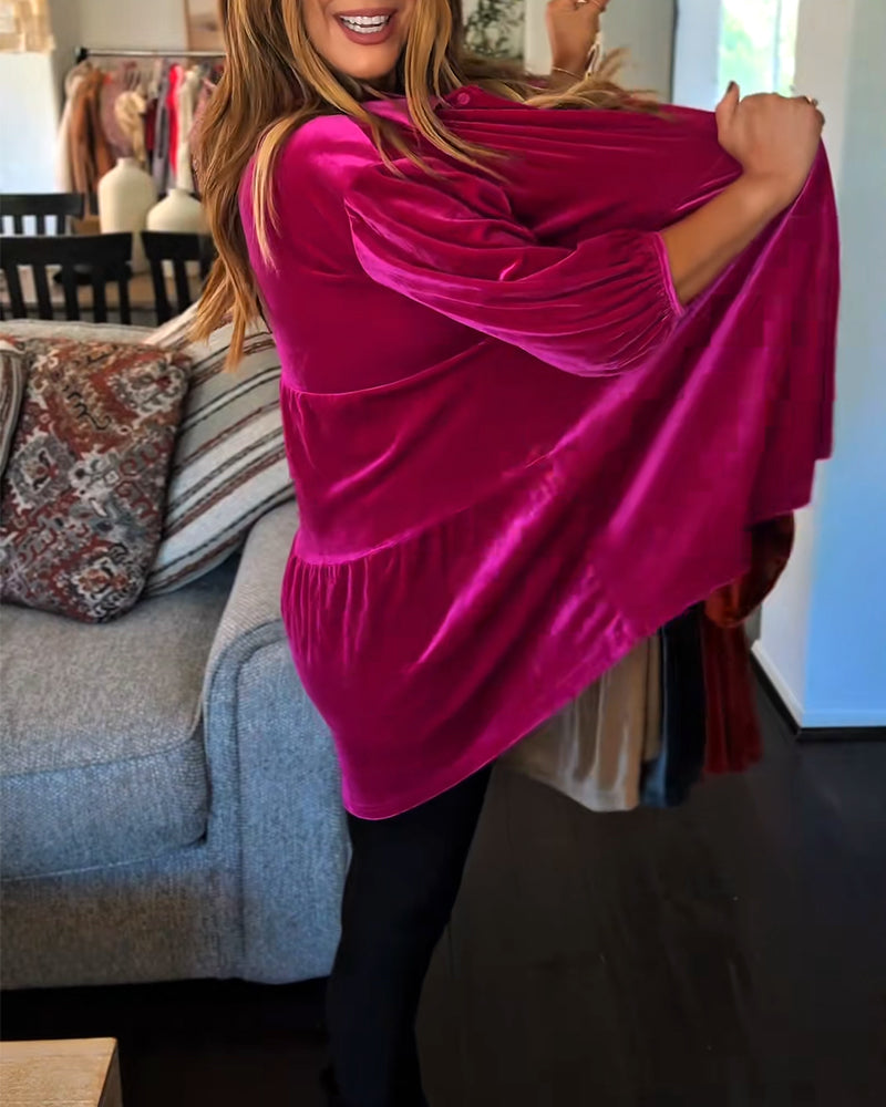 Loose-Fitting Velvet Three-Quarter Sleeve Blouse