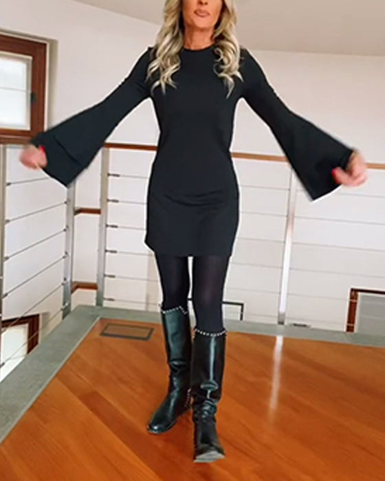 Fashion Solid Color Flare Sleeve Dress