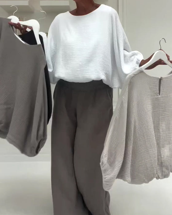 Elegant Pleated Batwing-Sleeve Blouse