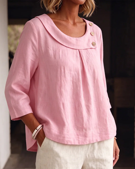 Rolled Hem Round Neck Button Loose Blouse