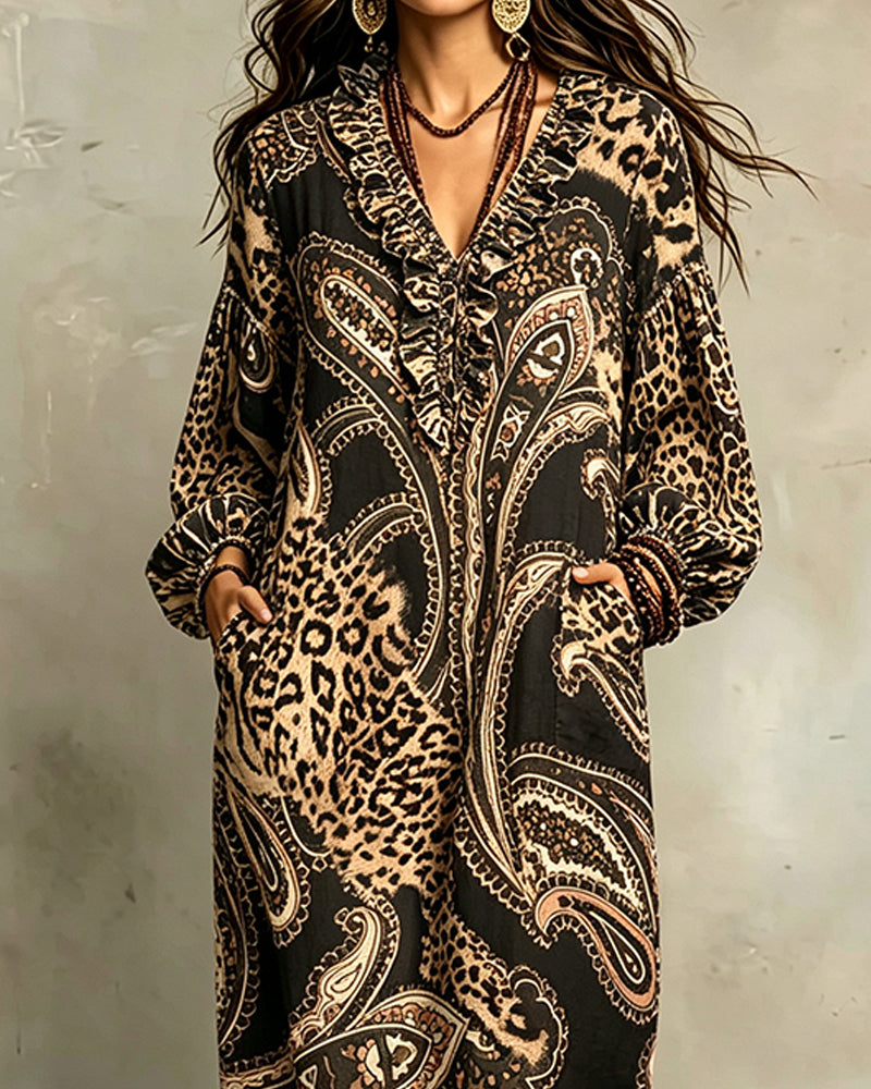 V-Neck Ruffled Puff Sleeve Pocket Dress