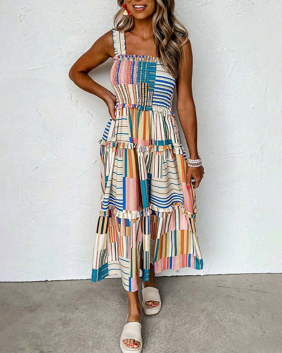 Strappy Striped Color Block Tiered Dress
