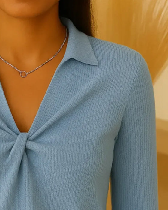 Solid Color Knotted V-Neck Jumper