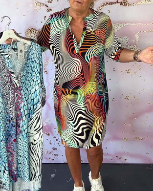 Colorful printed V-neck half-sleeve pocket dress