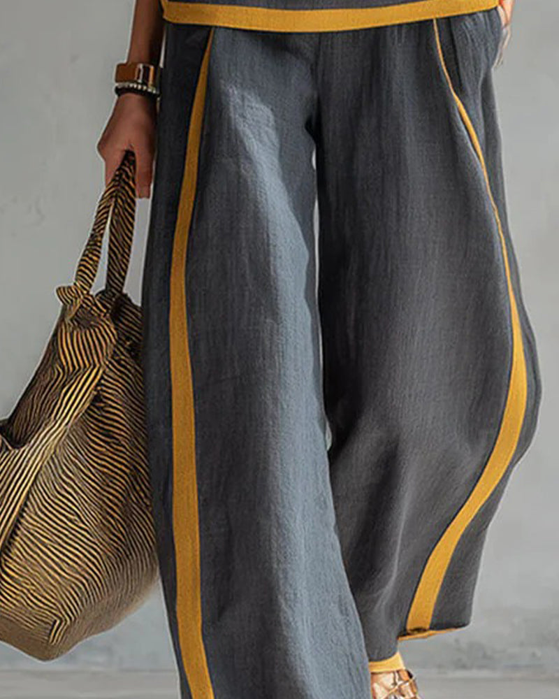 Sleeveless Casual Color-Blocked Two-Piece Set