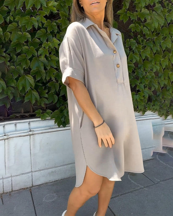Solid Color Button-Down Slit Shirt Dress