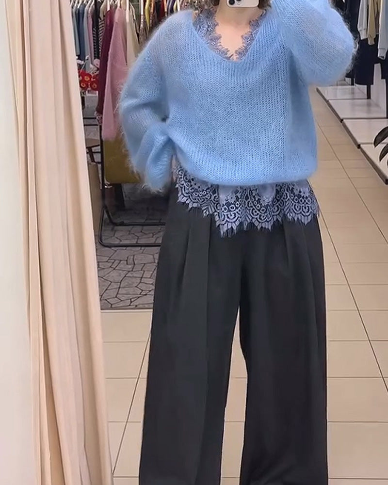 V-Neck Solid Patchwork Pullover