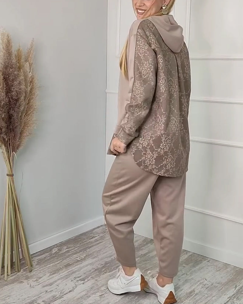 Fashionable Long-Sleeved Patchwork Jacquard Two-Piece Set