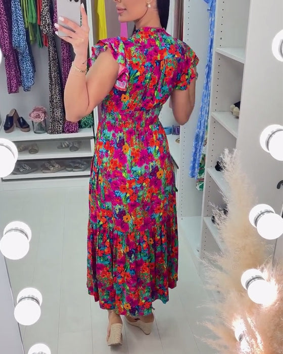 Colorful floral print V-neck elegant dress