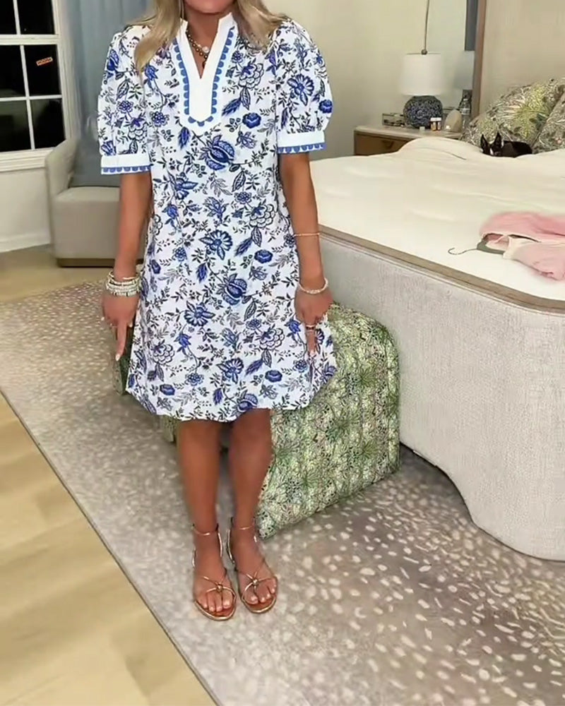 Blue and White Porcelain Print V-Neck Dress