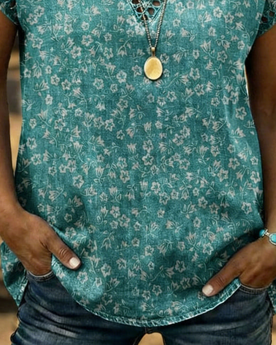 Hollow Out Patchwork V-Neck Floral T-Shirt