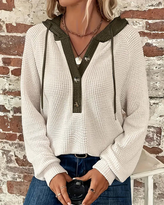 Color-Blocked Button V-Neck Hoodie