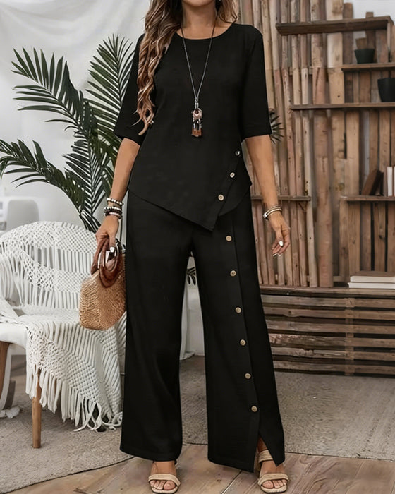 Button-Embellished Irregular Top And Trousers Set