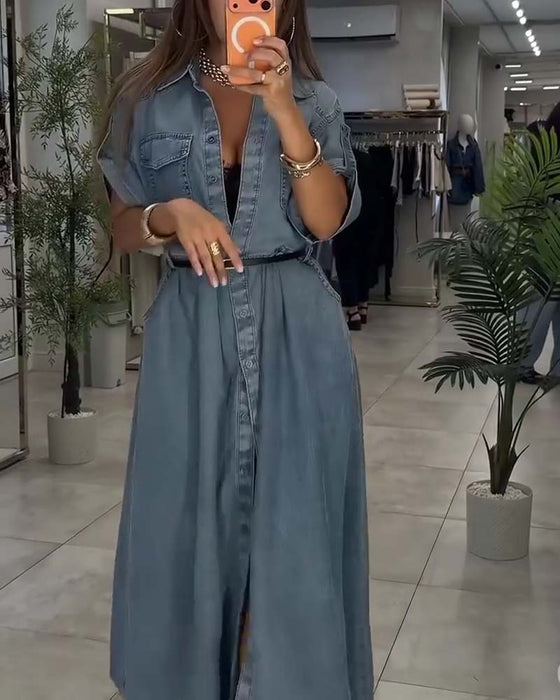 Shirt Collar Pocket Button Denim Dress