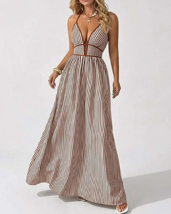 Deep V-Neck Spaghetti Strap Stripe Long Dresses