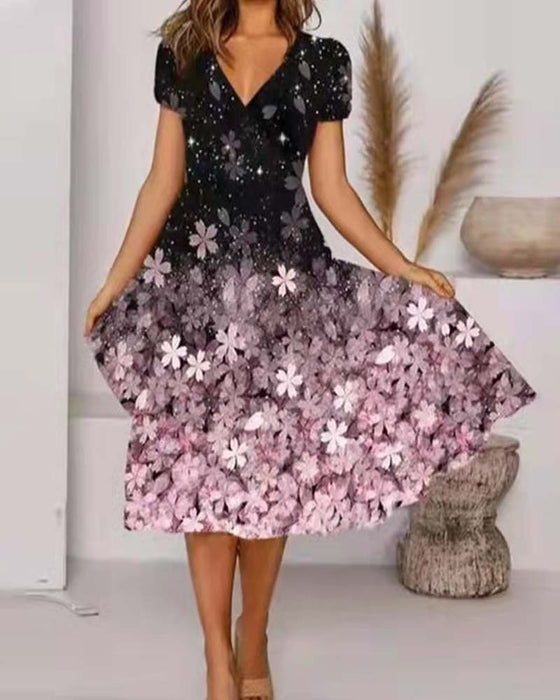 Short-Sleeved V-Neck Floral Dress