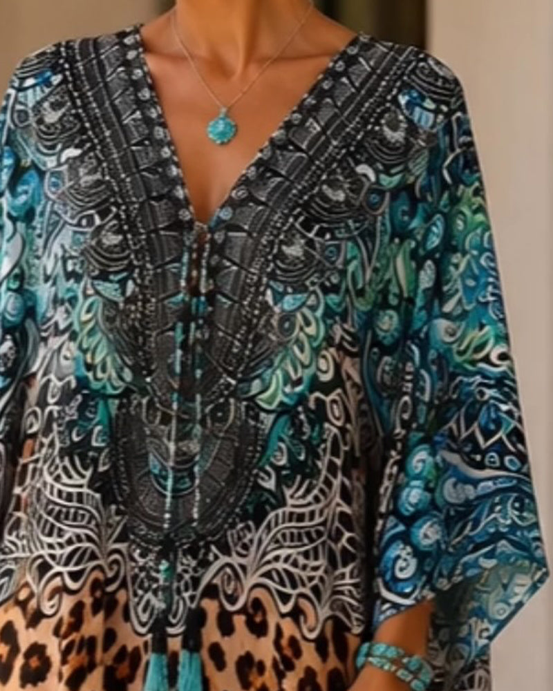 V-Neck Leopard Print Flared Contrast Color Dress