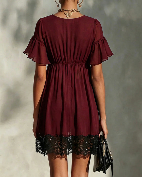 Ruffle Flare Sleeve Zipper Lace Dress