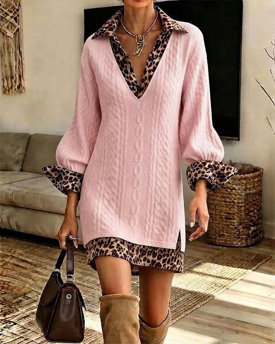Lapel Leopard Fashion Slit Dress