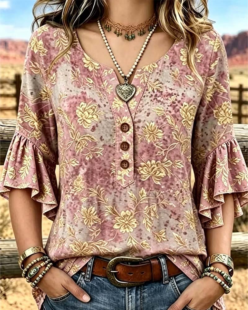 Retro Print Loose Ruffle Blouse