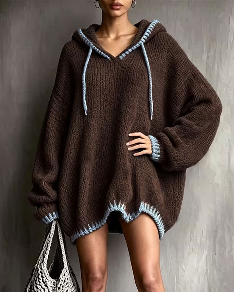 Contrast Drawstring Hooded Sweater Dress