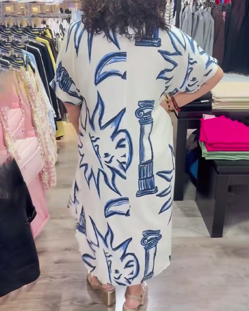 Lapel Printed Loose Casual Dress