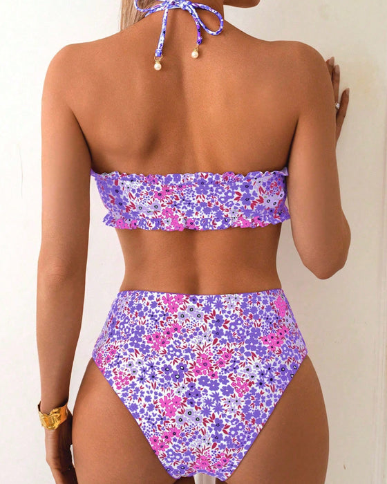 Fresh Floral Print Strapless Bikini