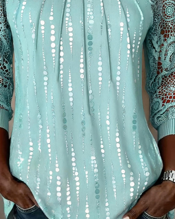 Round Neck Shirred Lace Polka Dot Top