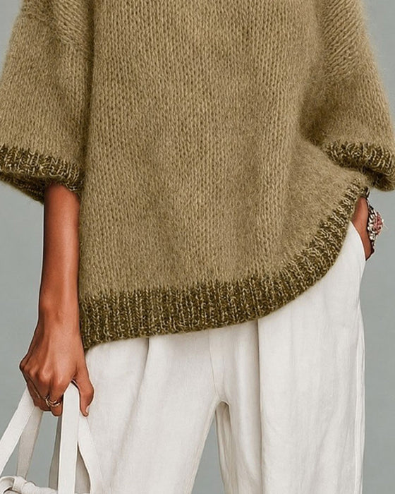Half-Zip Contrasting Three-Quarter Sleeve Pullover