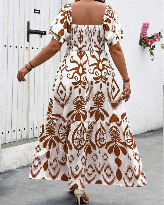 Blue Porcelain Square Neck Print Maxi Dress