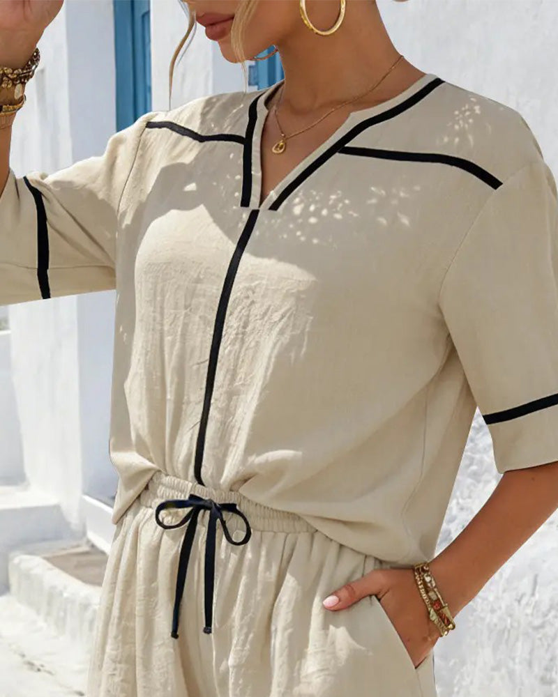 V-Neck Contrast Casual Loose Set