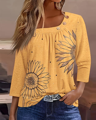 Sunflower Print Three-Quarter Sleeve Top