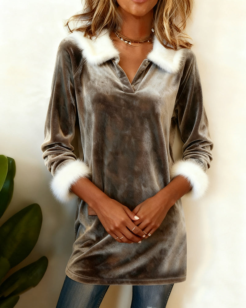 Long-Sleeved Plush V-Neck Top