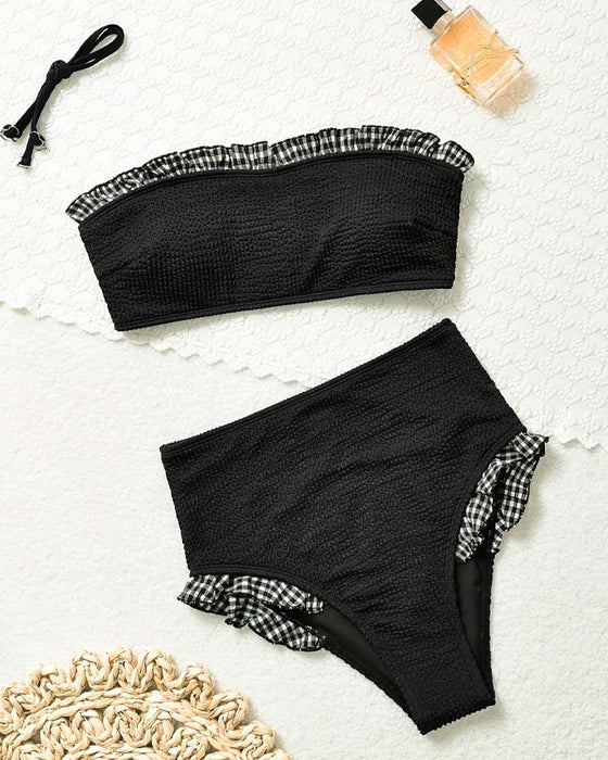 Plaid Ruffle Strapless Bikini