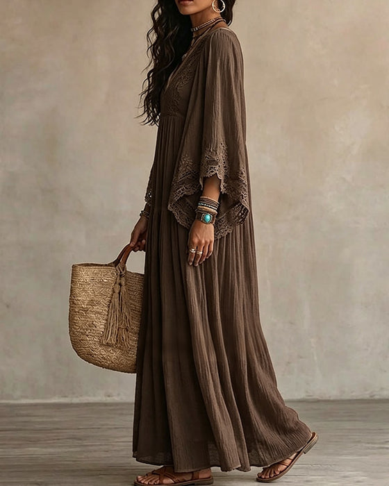 V-Neck Lace Patchwork Solid Color Dress