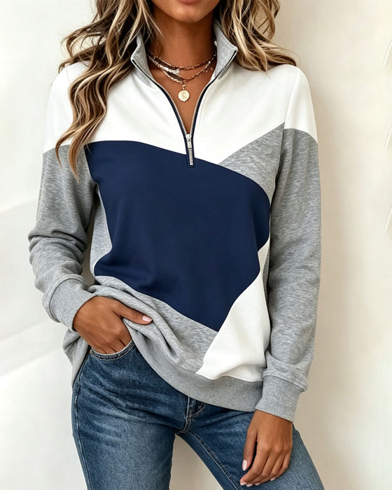 Geometric Color-Block Zip Sweatshirt