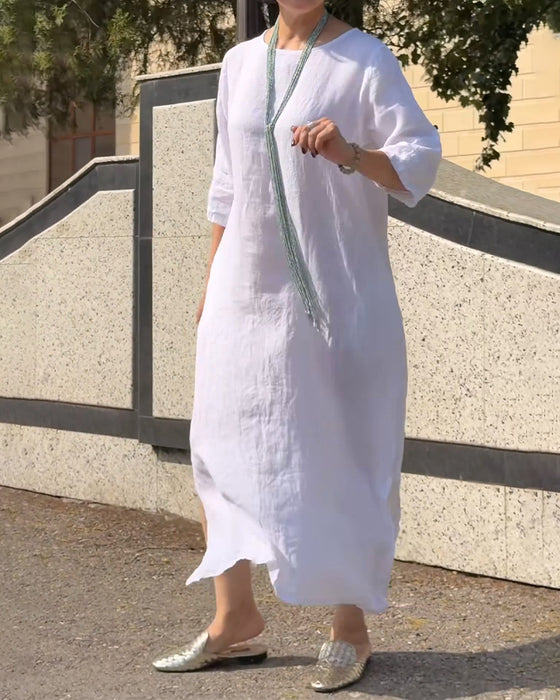 Crew Neck Solid Elbow-Length Sleeve Loose Dress