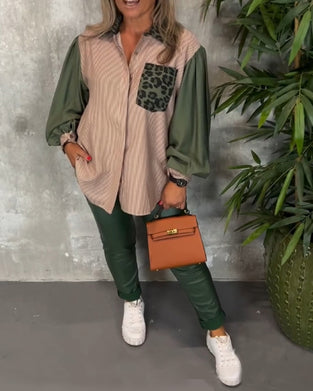 Lapel lantern sleeve leopard print shirt