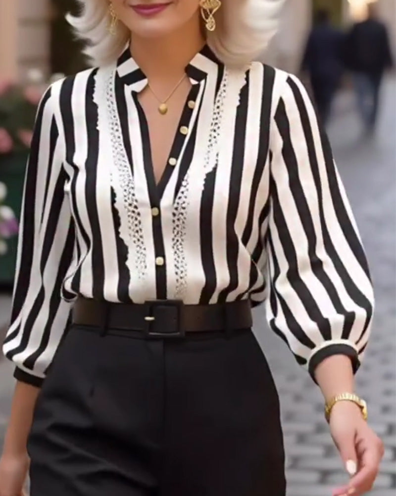 Lantern Sleeve Stand Collar Lace-Trimmed Shirt