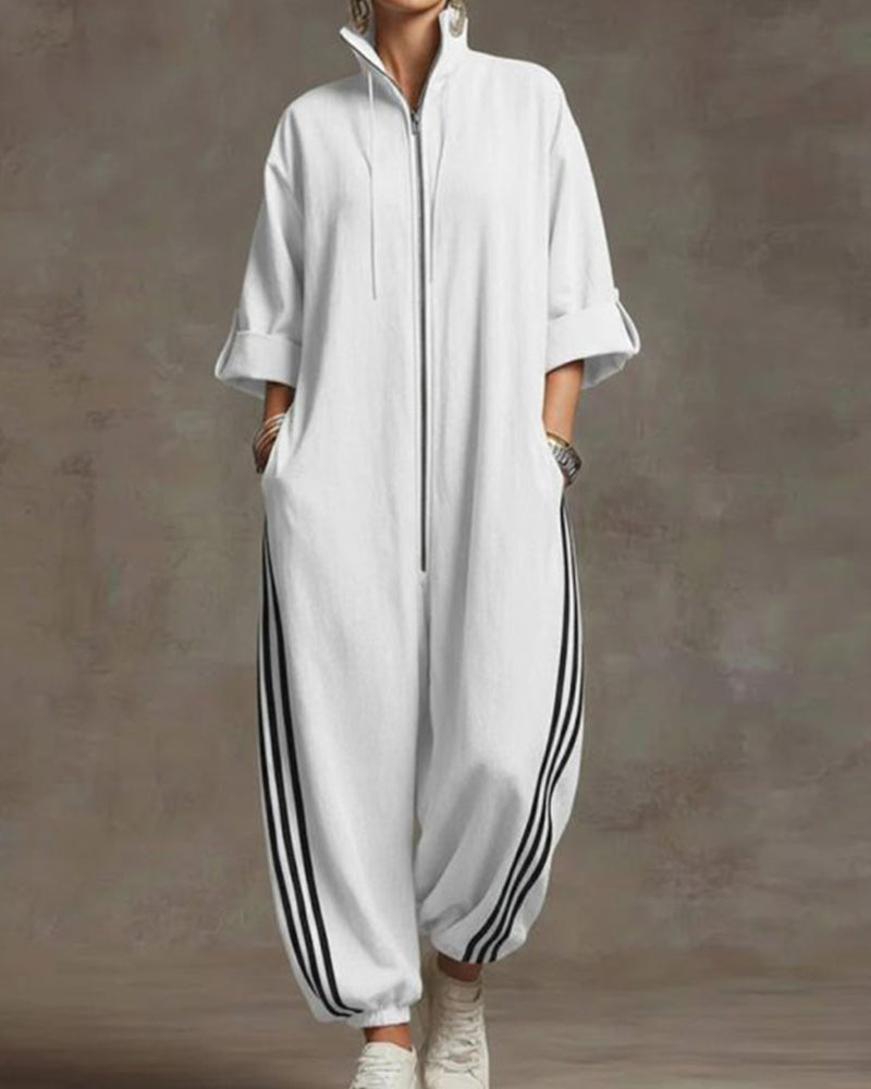 Striped Sporty Zip Jumpsuit